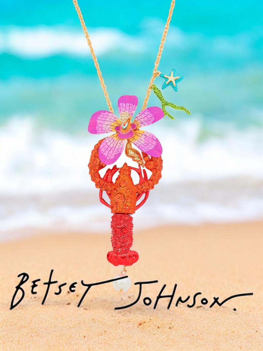 New BETSEY JOHNSON Mermaid Jewels Lobster Orchid Necklace Gold Tone Crystal NWT